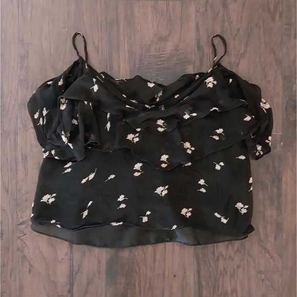 ZARA Trafaluc Collection Floral Chiffon Crop Tank Top Cold Shoulder Sz M - Picture 3 of 9